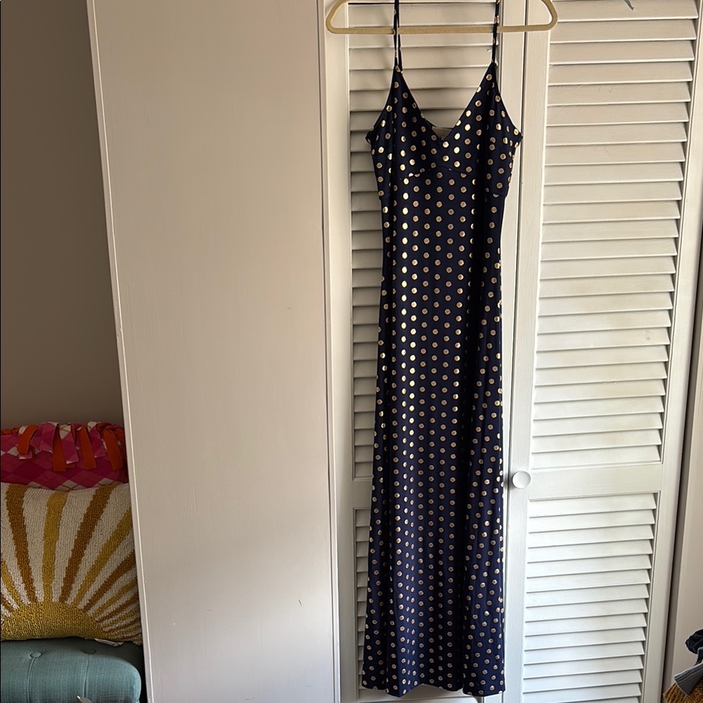 Michael Kors Navy Maxi Dress with Gold Floral Accents